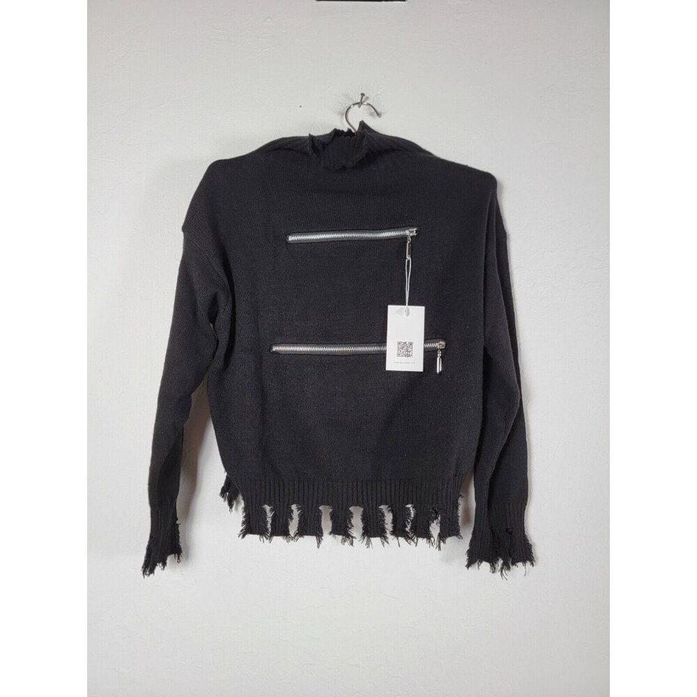 SooLinen Womens Cross Zipper Turtleneck Crop Sweater One Size Black Pullover New